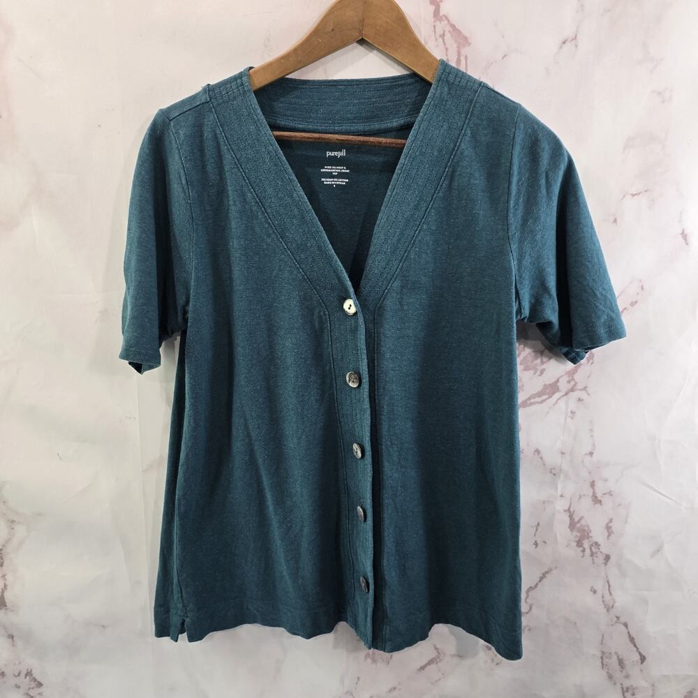 J Jill Shirt Womens Small Blue Hemp Cotton Button Front Tee V Neck Pure